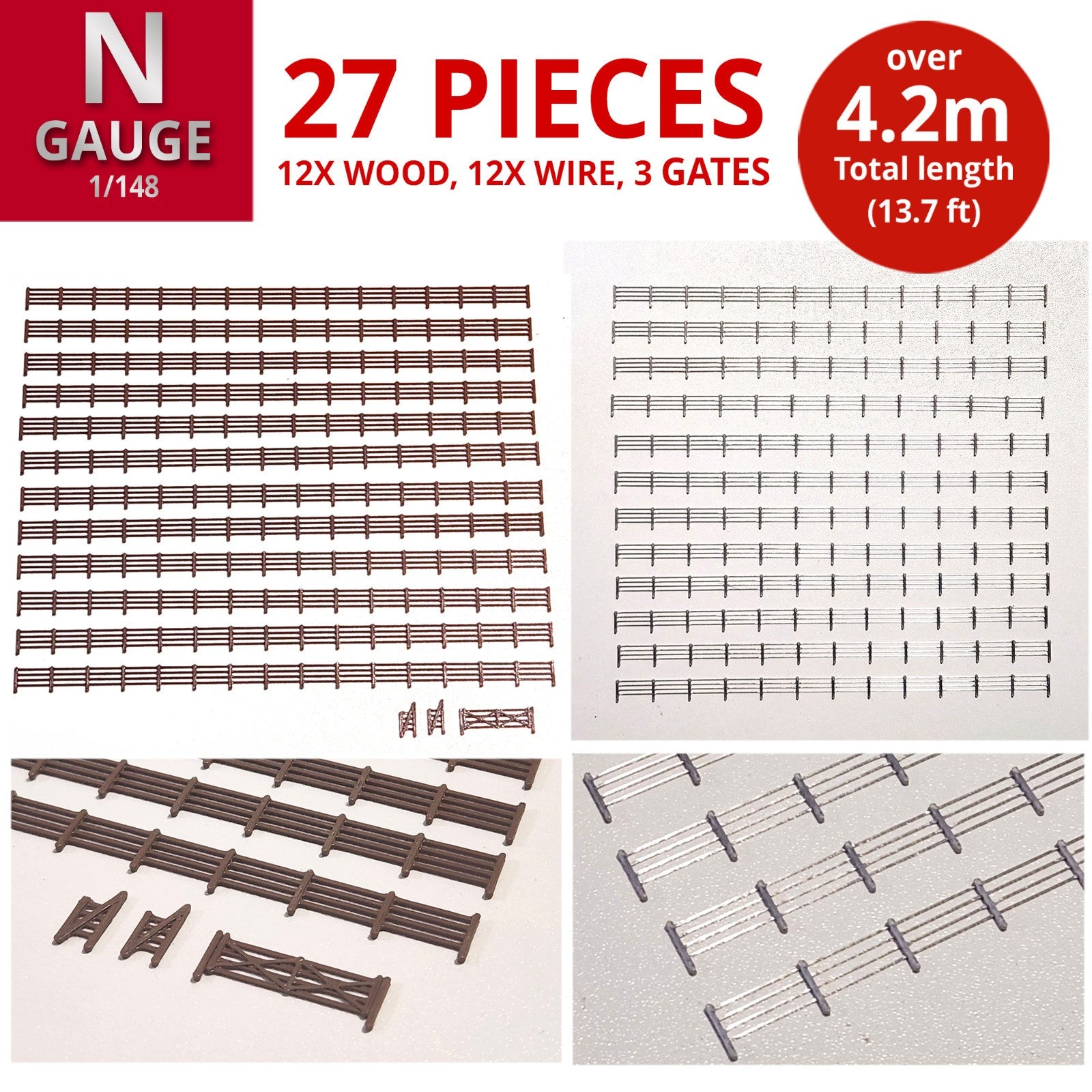 N Gauge Model Railway Fencing (27pk) Wood fences & Wire/Post wooden Gates 1/148
