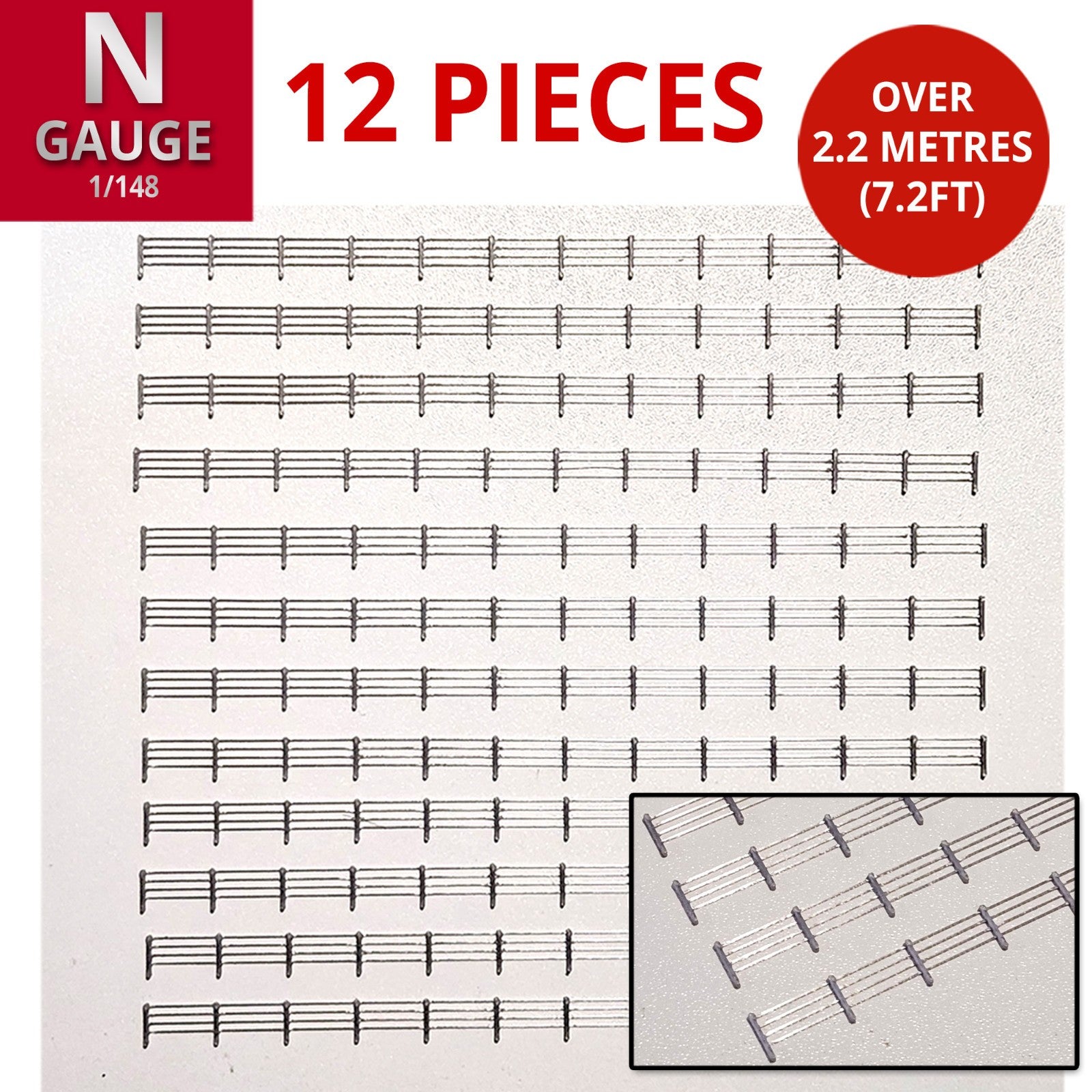 N Gauge wire style fencing 12 pack model railway fence, railing, posts, lineside