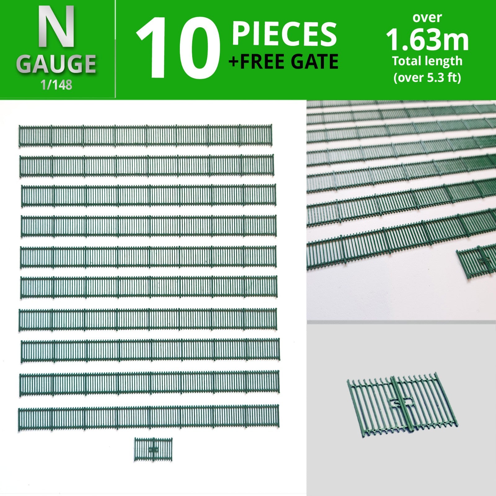 N Gauge Railkit Security Railings Fencing for model railways 10 pack Green 1/148