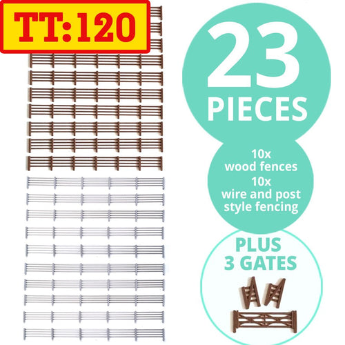 Model Railway Fencing (23pk) Wood fences Wire/Post wooden Gates TT1:20