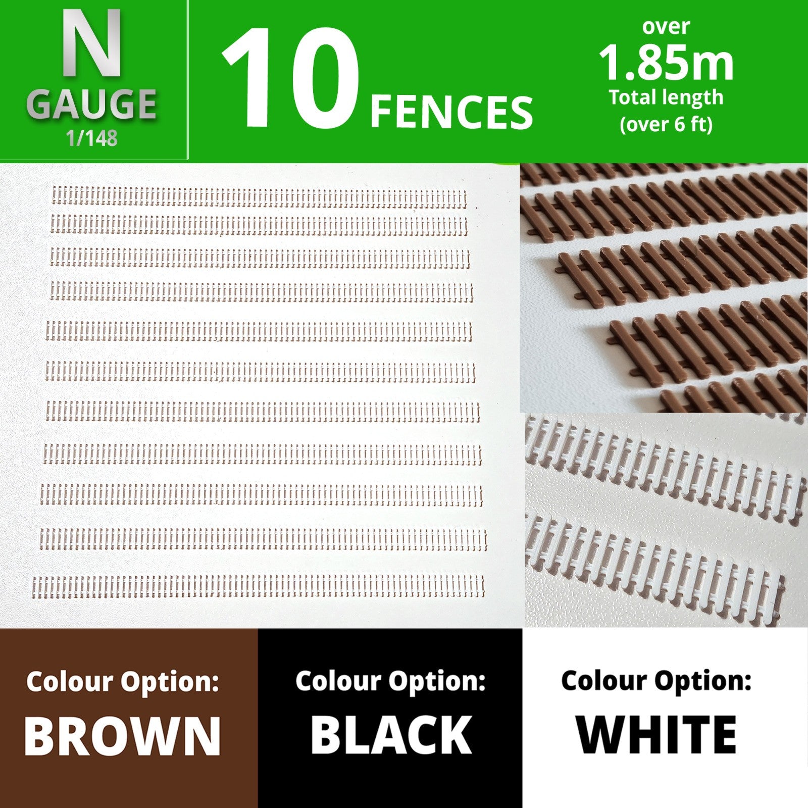 N Gauge Picket Fence x10 multi colours Railway Model fencing lineside 1:148