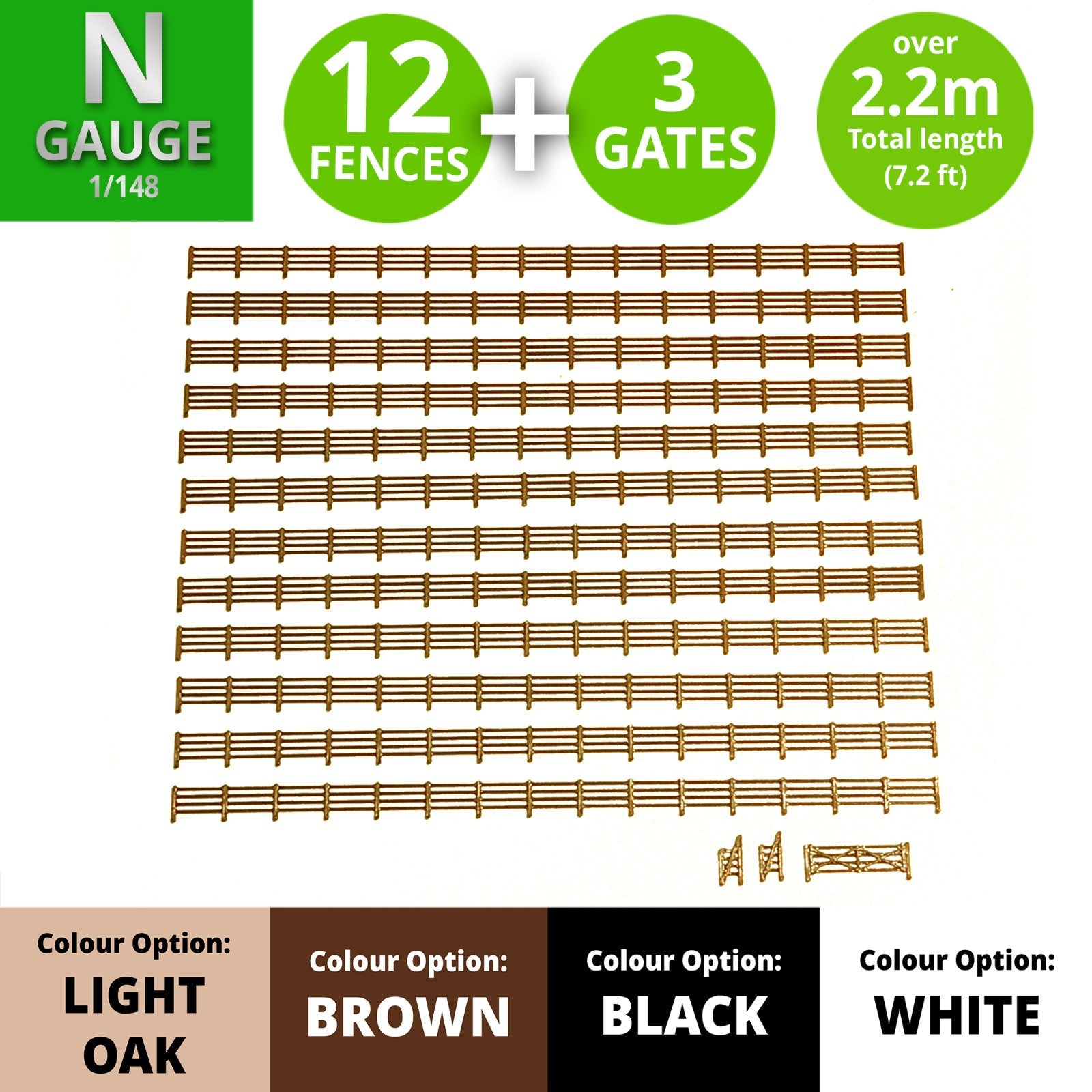 N gauge Fencing, Railings, 15 pack model railway wood fences MULTI colours 1/148