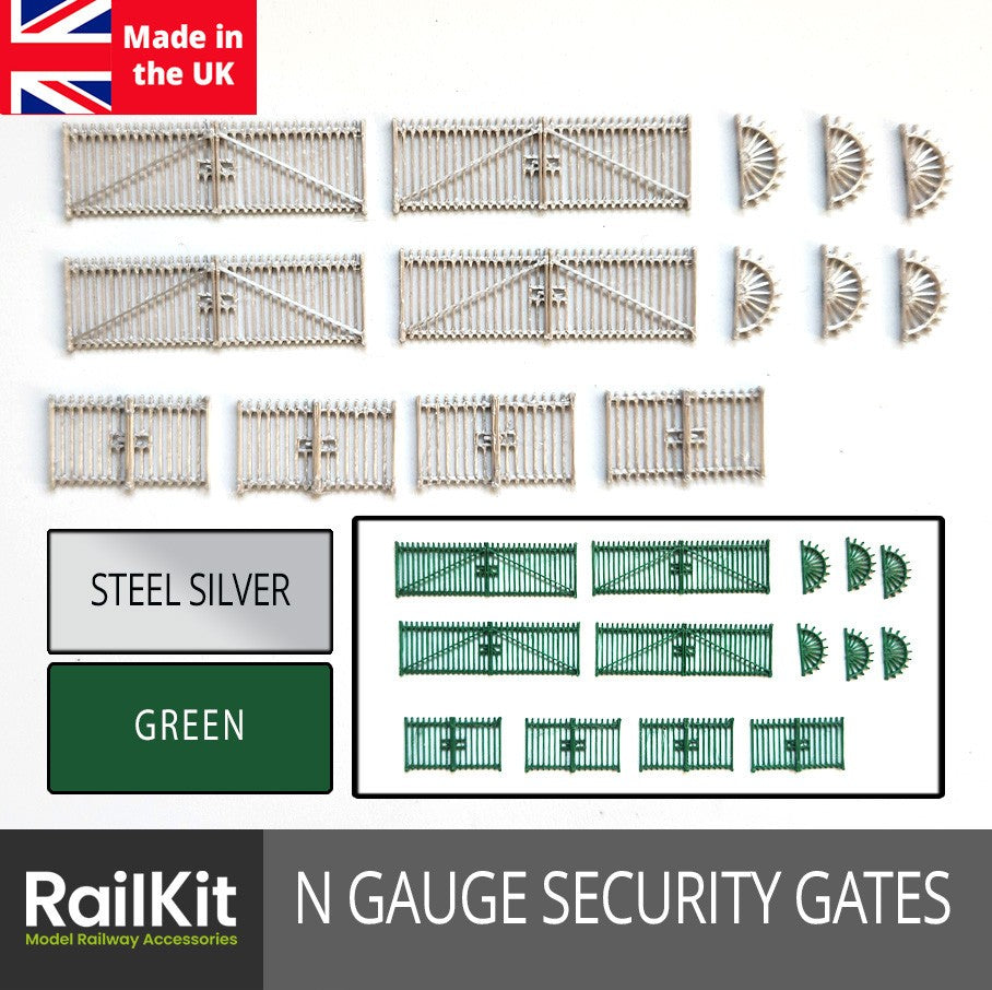 N Gauge Security Gates Accessory Pack Steel Silver & Green Fence Fencing Railing