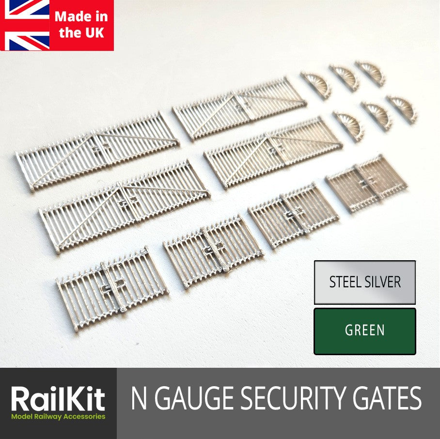 N Gauge Security Gates Accessory Pack Steel Silver & Green Fence Fencing Railing