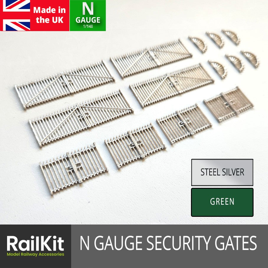 N Gauge Security Gates Accessory Pack Steel Silver & Green Fence Fencing Railing