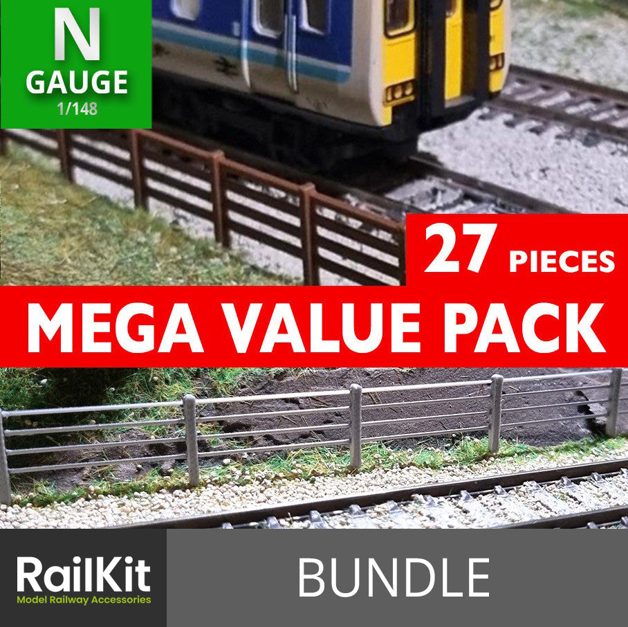 N Gauge Model Railway Fencing (27pk) Wood fences & Wire/Post wooden Gates 1/148